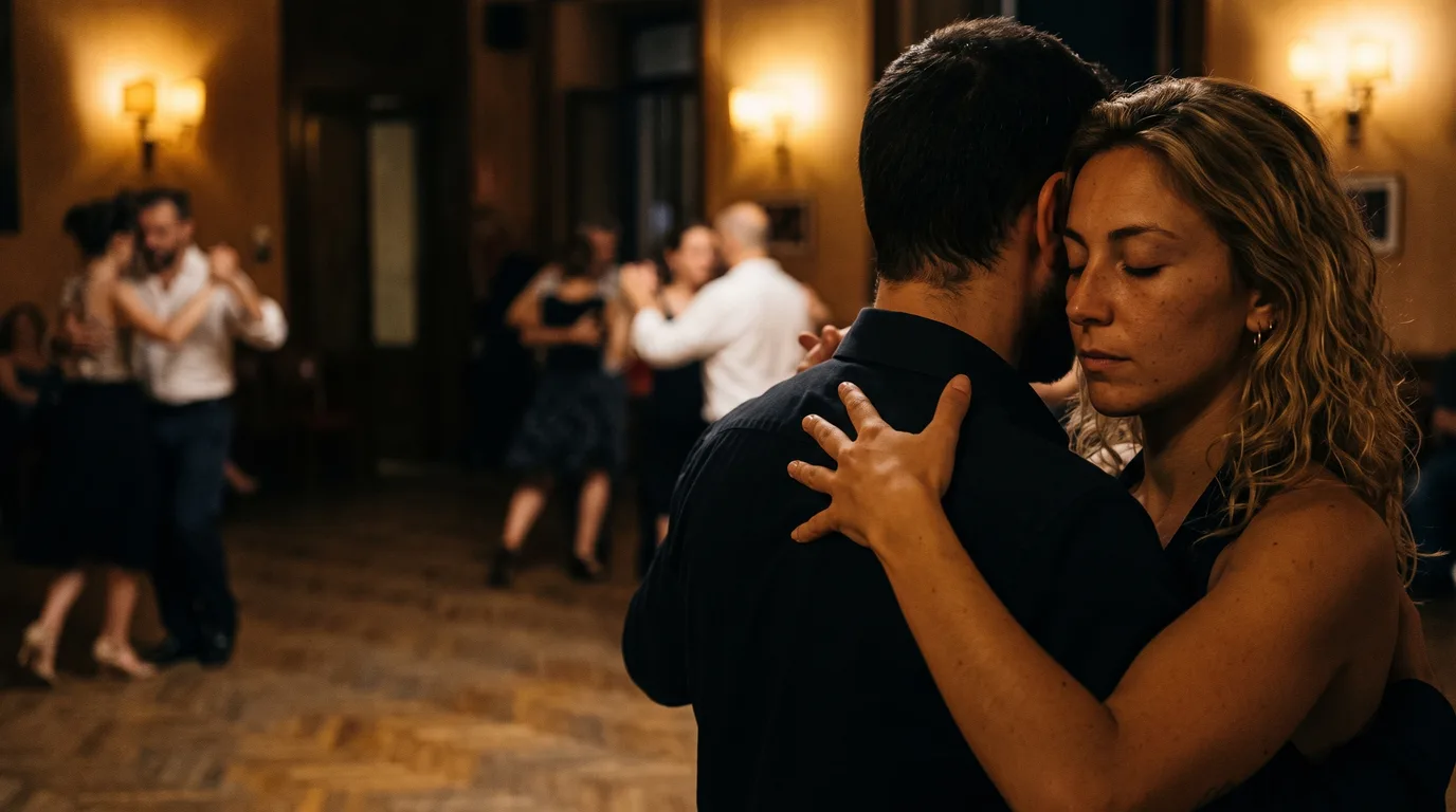 Coppia abbracciata che balla tango in una milonga