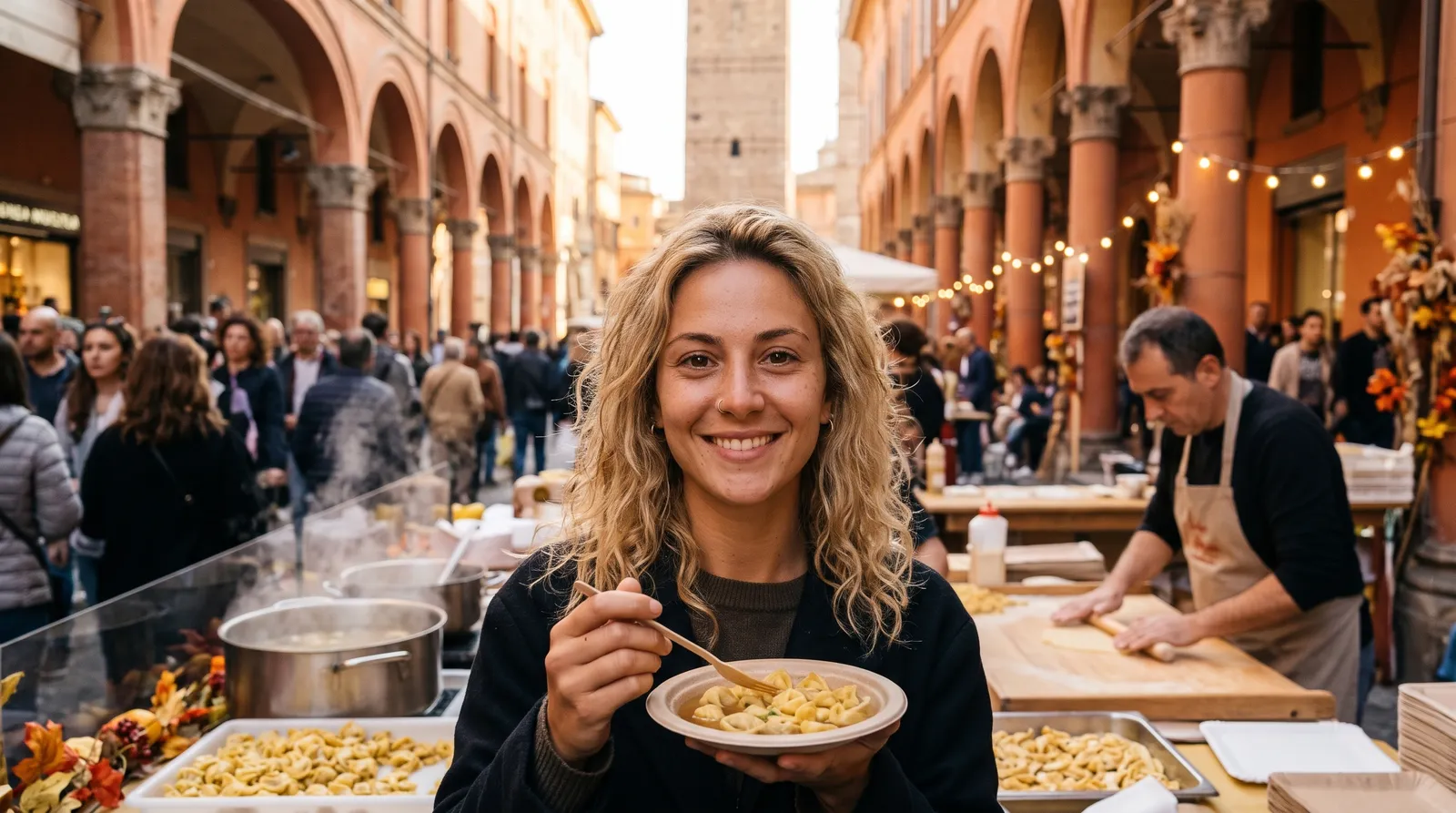 Festa di paese con bancarelle di prodotti tipici vicino Bologna