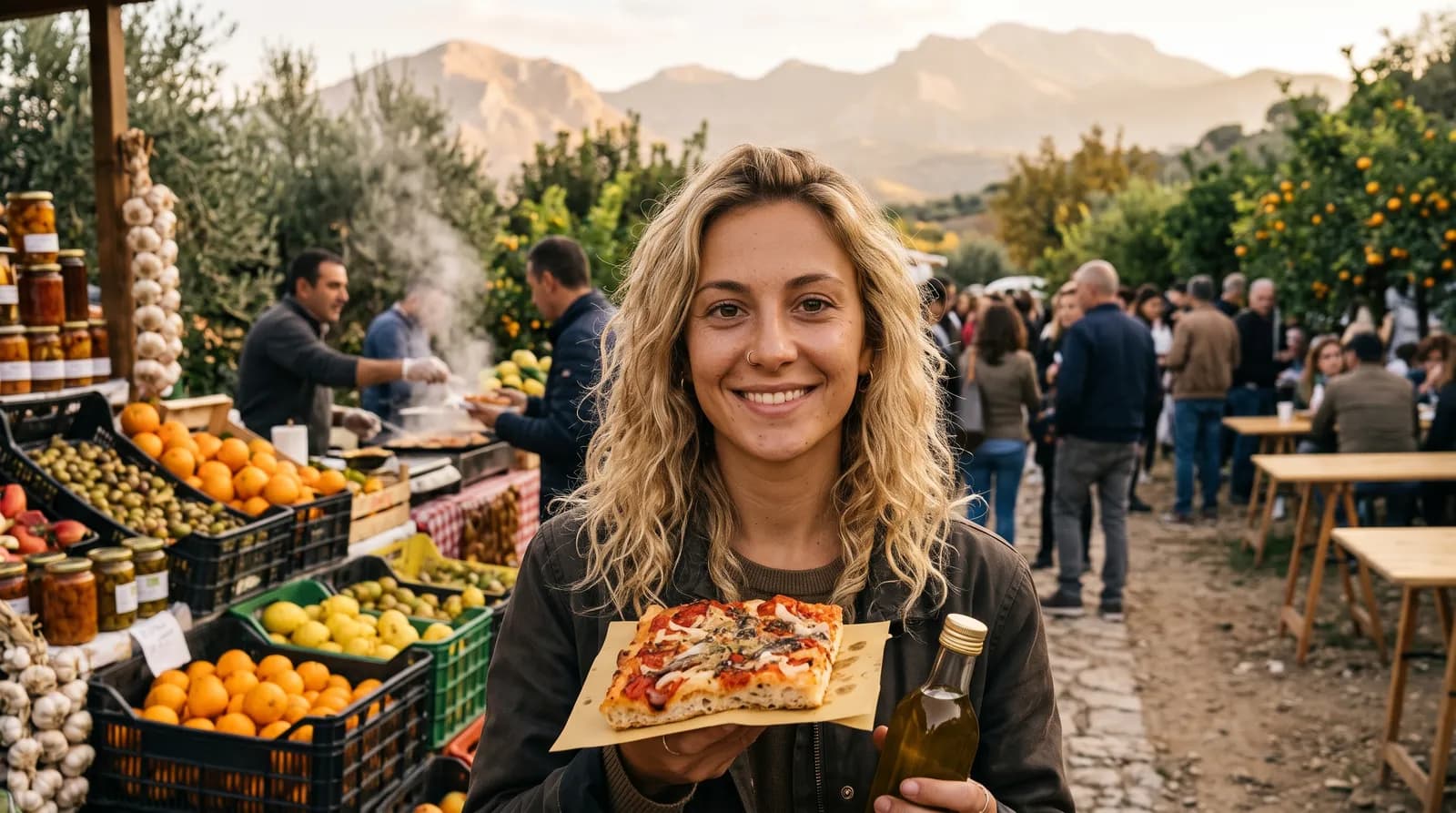 Festa di paese con bancarelle di prodotti tipici vicino Palermo
