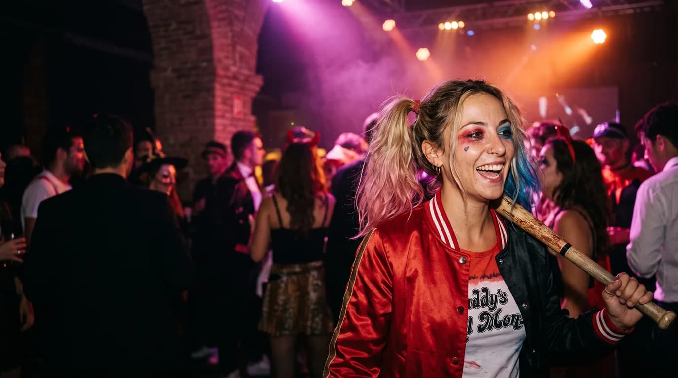 Ragazza in costume a una festa di Halloween in un club romano