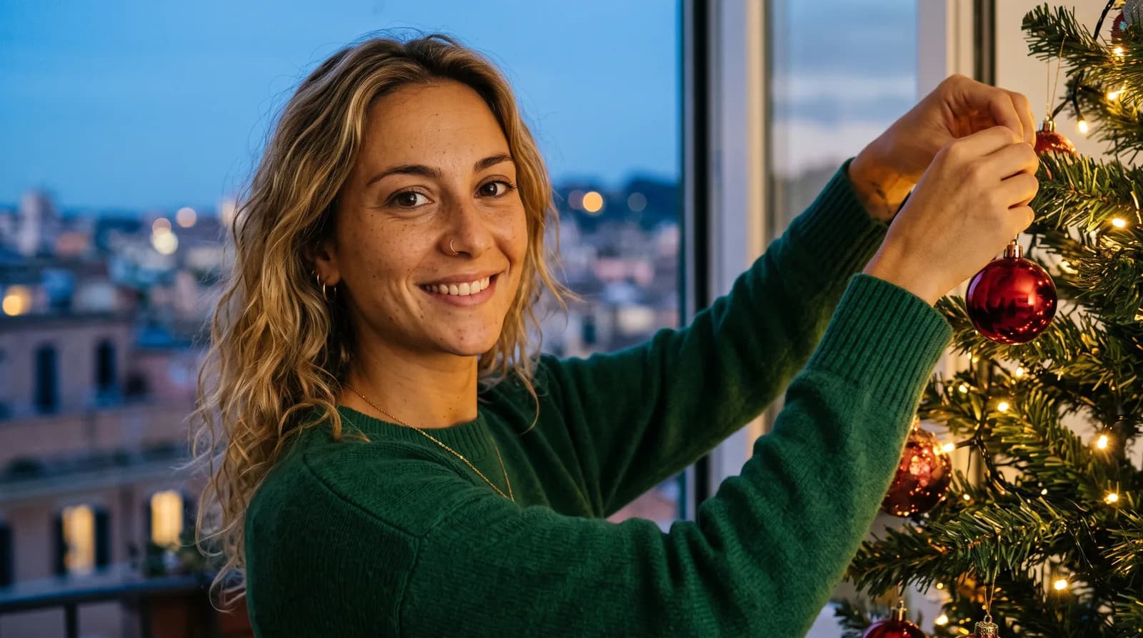 Giulia accanto all'albero di Natale